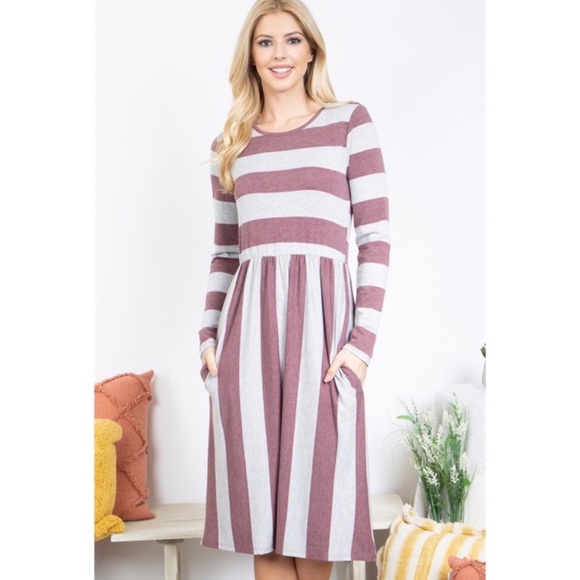 Perfect Peach Lightweight Long Sleeve Striped A Line Dress with Pockets - Picture 7 of 9